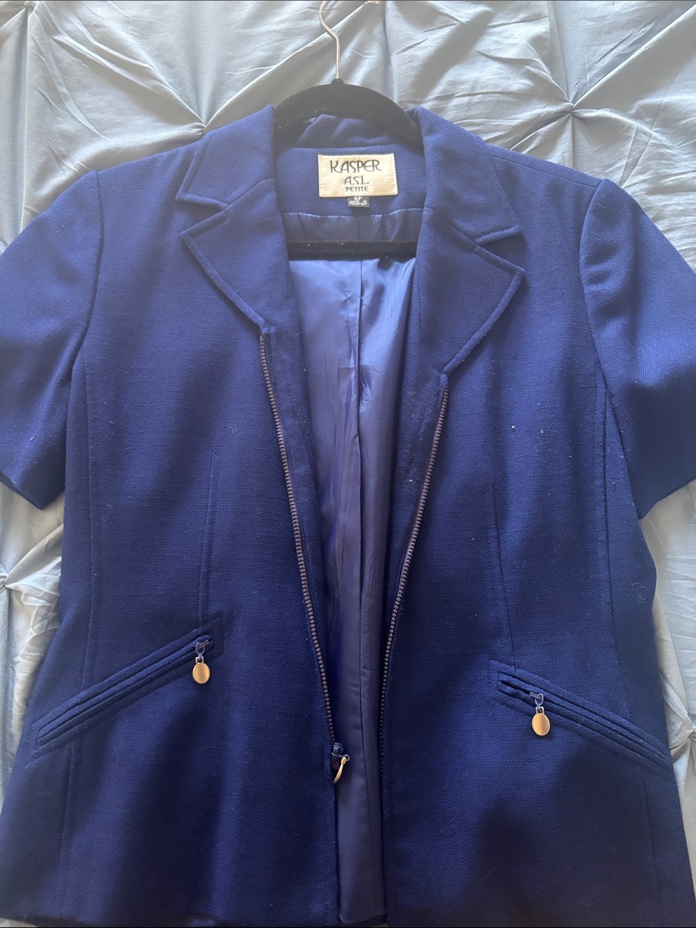 Kasper Petite Navy Short Sleeve Blazer with Zip Pockets